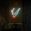 Neon cigar smoking hand sign with glowing smoke outline, white and cyan-blue with red tip