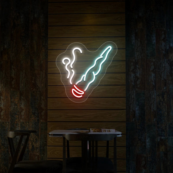 Neon cigar smoking hand sign with glowing smoke outline, white and cyan-blue with red tip