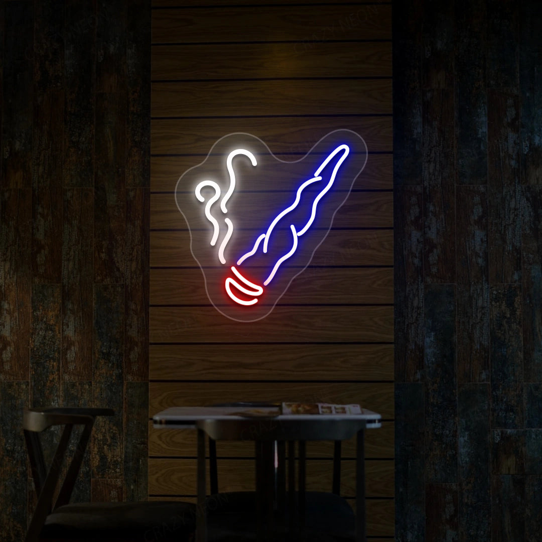 Neon cigar smoking hand sign with glowing smoke outline, white and blue with red tip