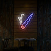 Neon cigar smoking hand sign with glowing smoke outline, white and blue with red tip