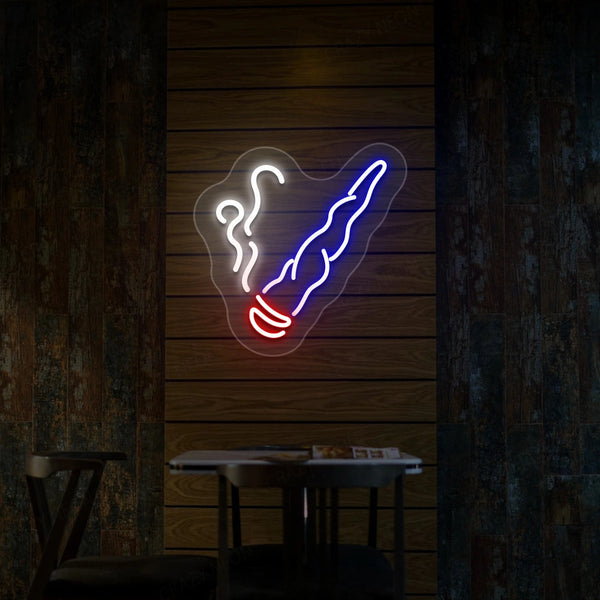 Neon cigar smoking hand sign with glowing smoke outline, white and blue with red tip