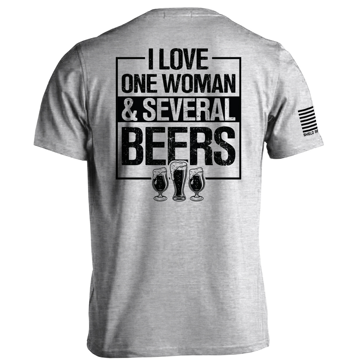Sport gray T-shirt with 'I LOVE ONE WOMAN & SEVERAL BEERS' back graphic and beer mugs