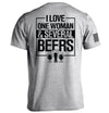 Sport gray T-shirt with 'I LOVE ONE WOMAN & SEVERAL BEERS' back graphic and beer mugs
