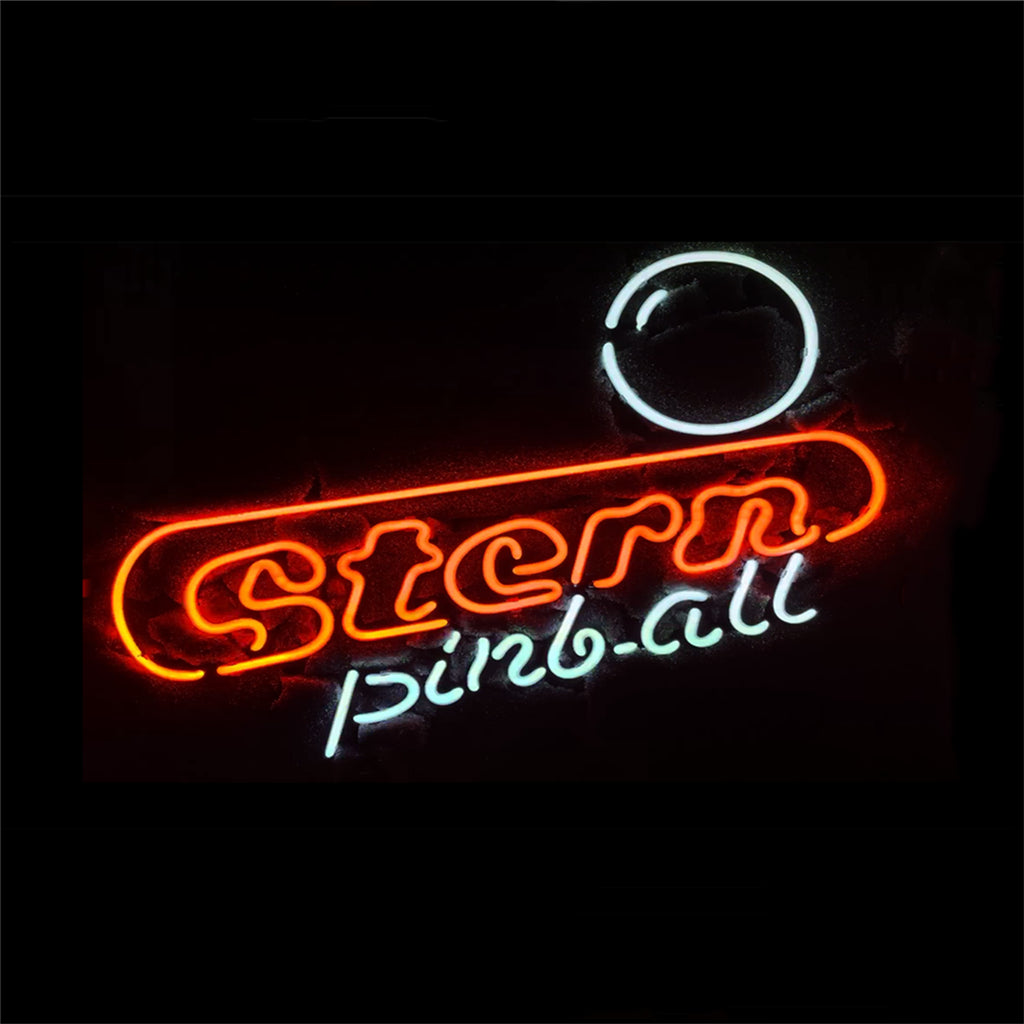 Neon pinball machine sign with red cursive lettering and white ring