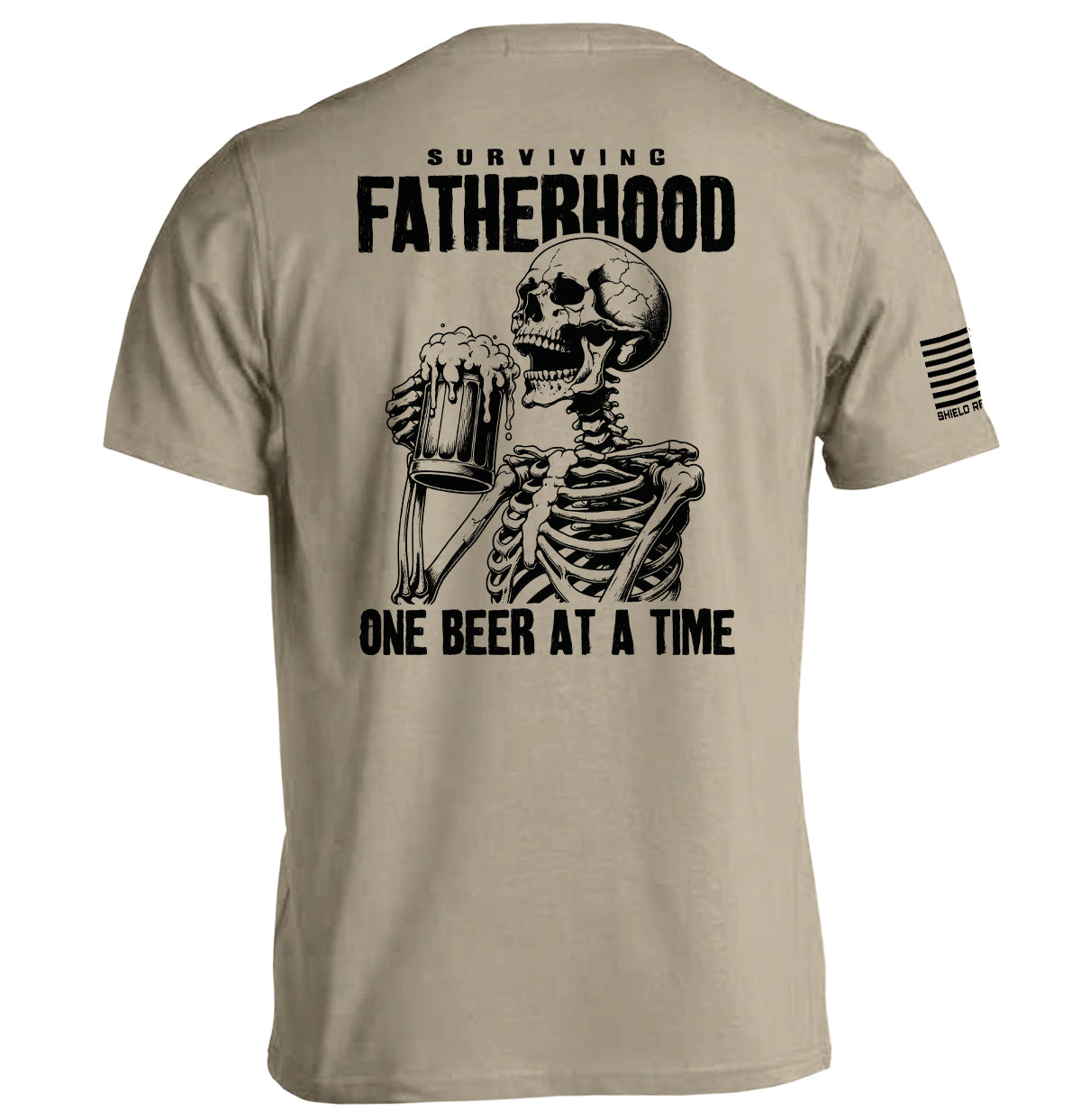 Tan T-shirt with skeleton holding beer and 'Surviving Fatherhood' text print