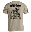 Tan T-shirt with skeleton holding beer and 'Surviving Fatherhood' text print
