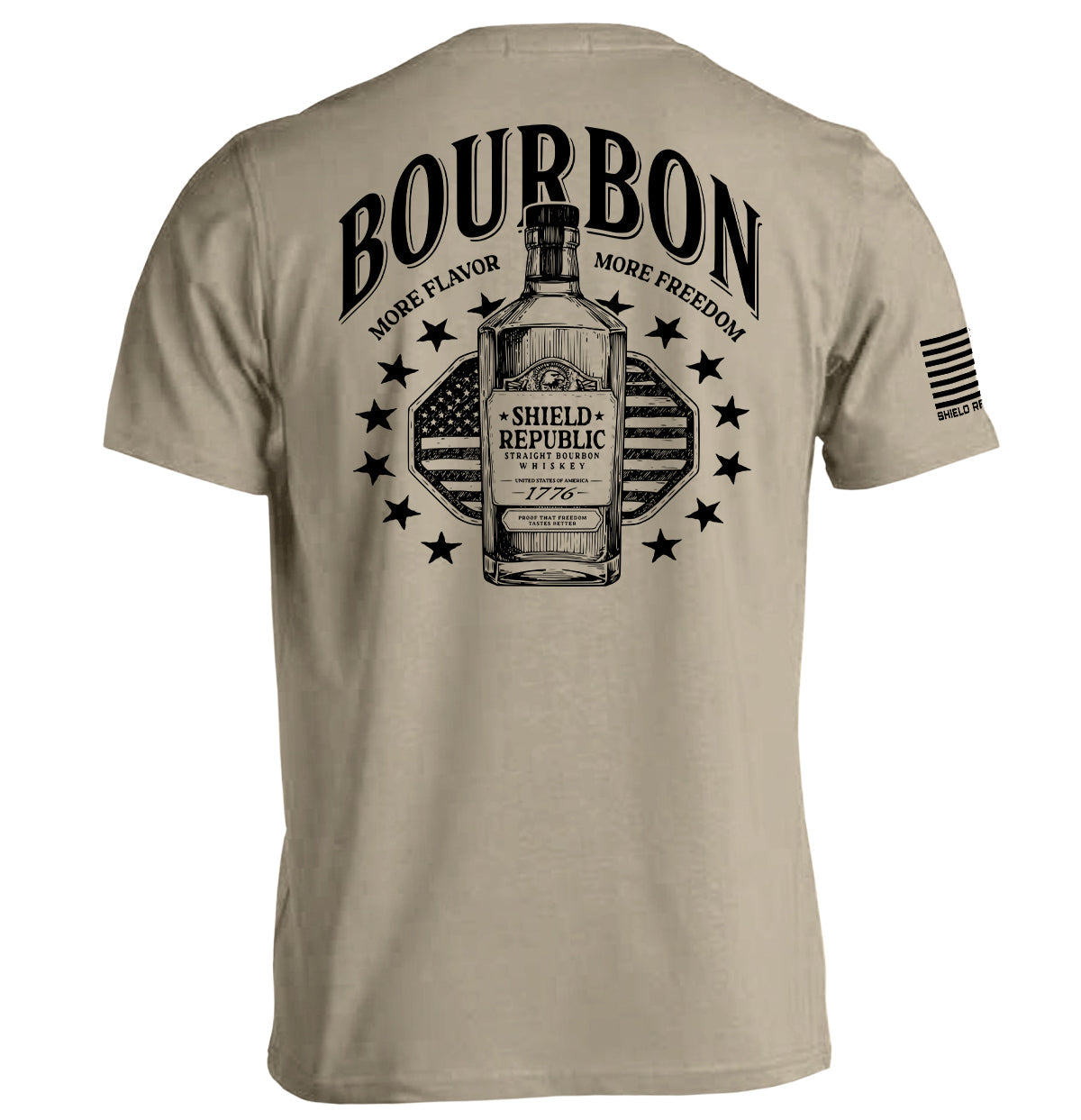 Tan back graphic T-shirt with bottle and stars emblem, short sleeves