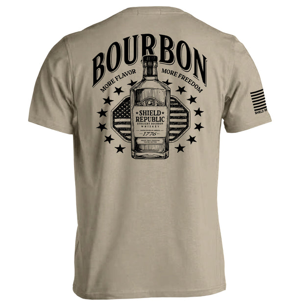 Tan back graphic T-shirt with bottle and stars emblem, short sleeves