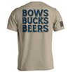 Tan T-shirt, back graphic with stacked 'BOWS BUCKS BEERS' in navy