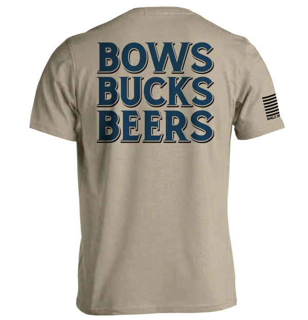 Tan T-shirt, back graphic with stacked 'BOWS BUCKS BEERS' in navy