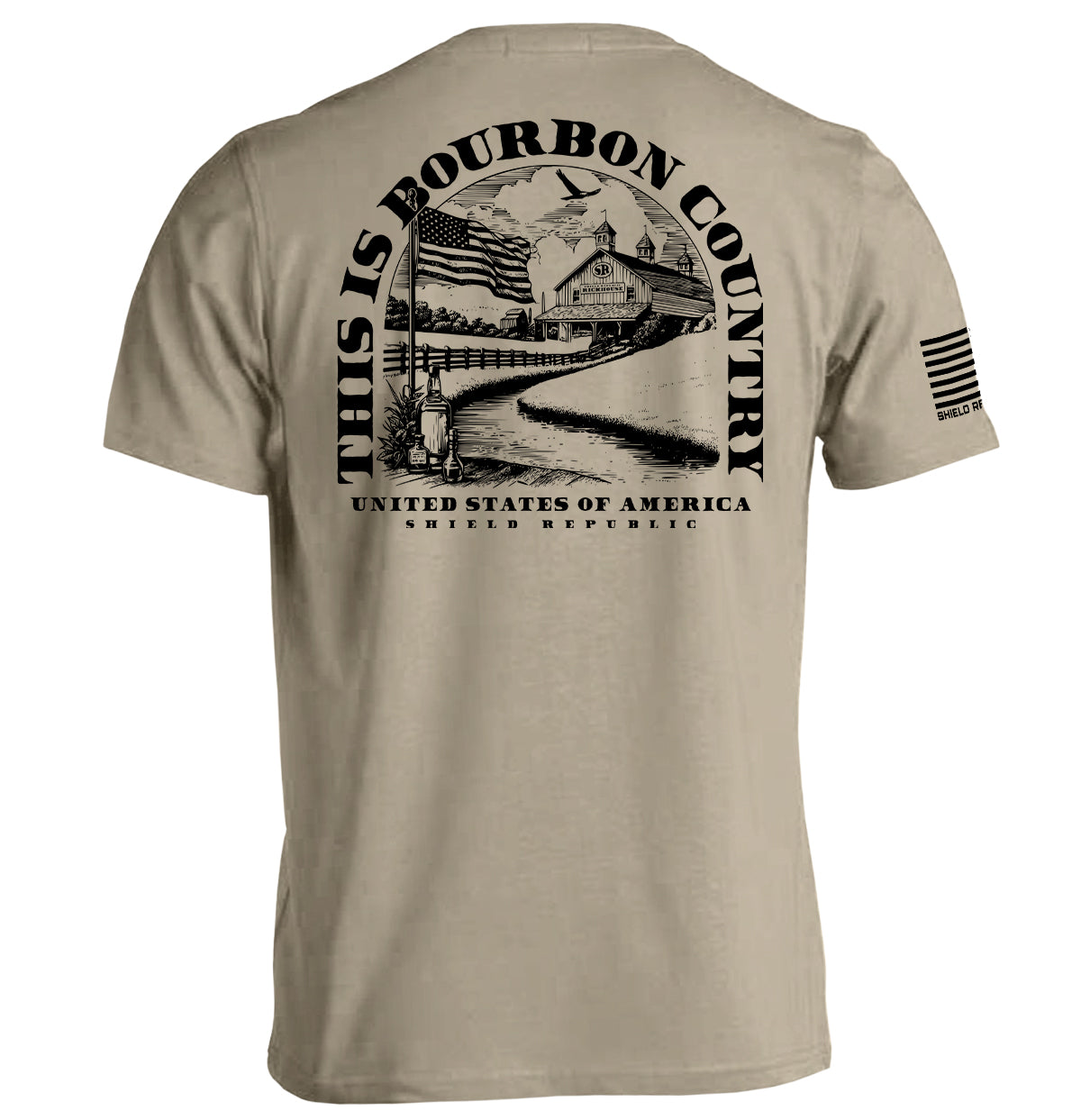 Tan short-sleeve T-shirt with large back graphic print and striped sleeve patch text