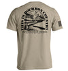 Tan short-sleeve T-shirt with large back graphic print and striped sleeve patch text
