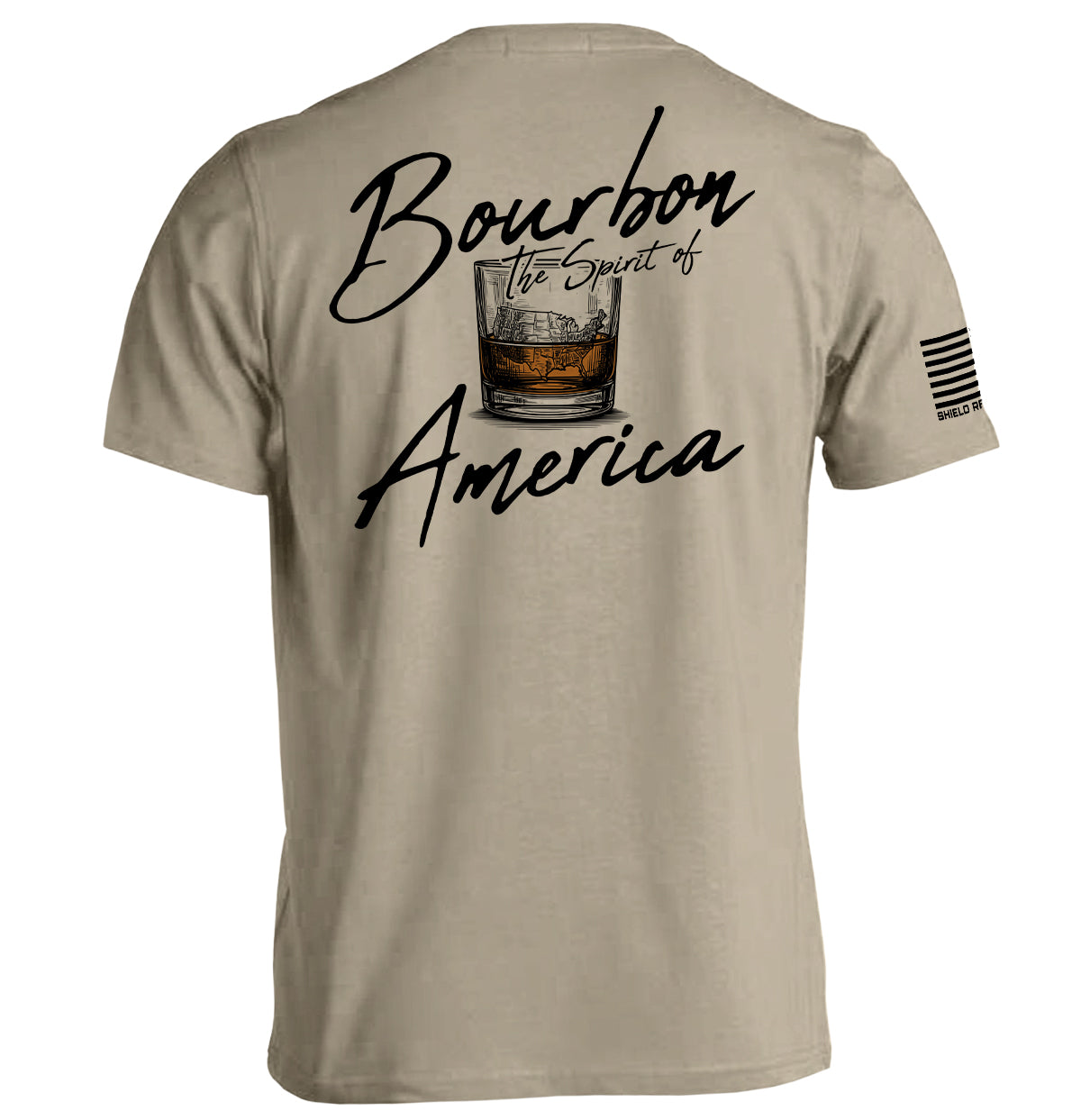 Tan T-shirt with Bourbon the Spirit of America back graphic