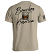 Tan T-shirt with Bourbon the Spirit of America back graphic