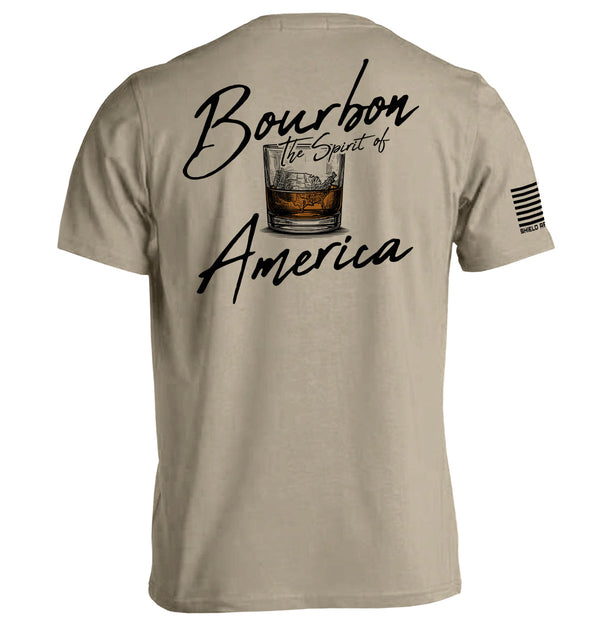 Tan T-shirt with Bourbon the Spirit of America back graphic