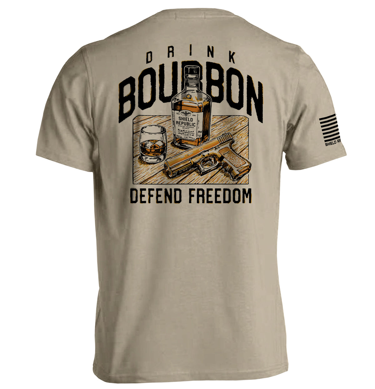 Beige crewneck tee with back Drink Bourbon graphic, whiskey bottle and DEFEND FREEDOM
