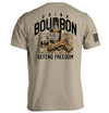 Beige crewneck tee with back Drink Bourbon graphic, whiskey bottle and DEFEND FREEDOM