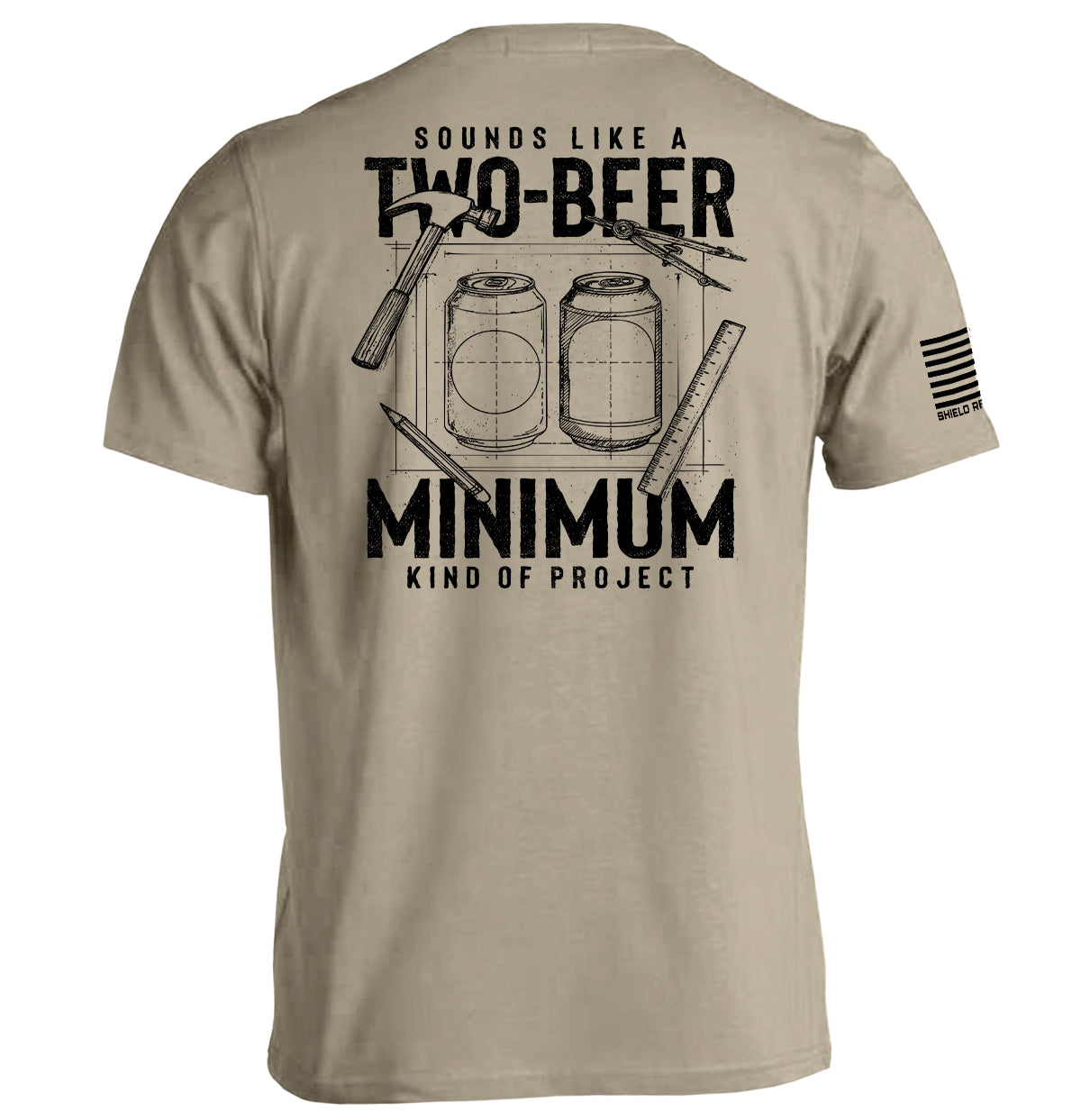 Tan graphic T-shirt, back print of two beer cans with bold 