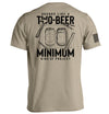 Tan graphic T-shirt, back print of two beer cans with bold "MINIMUM" text; small sleeve stripe