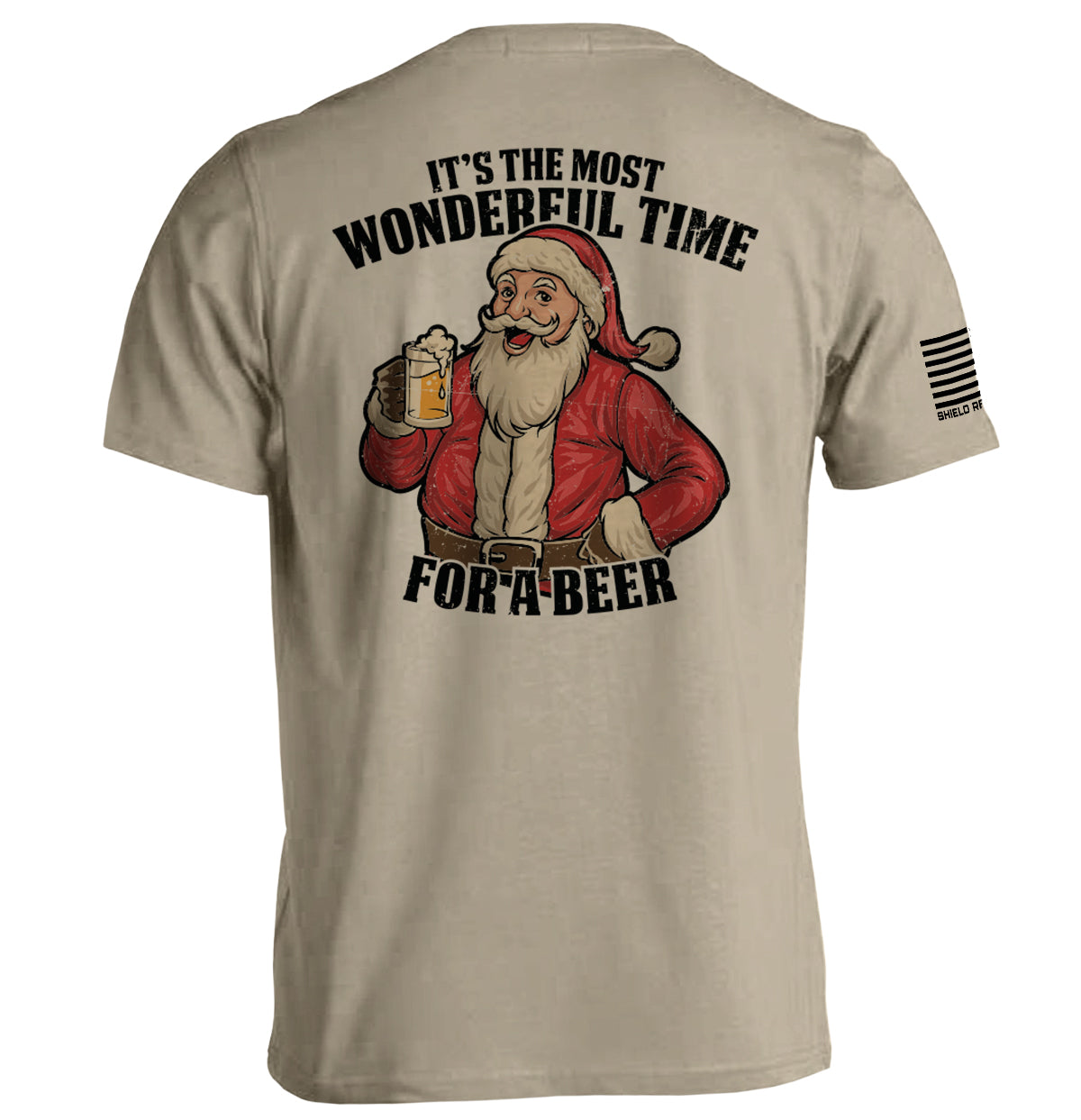 Tan T-shirt with Santa beer graphic on back and black sleeve stripe text