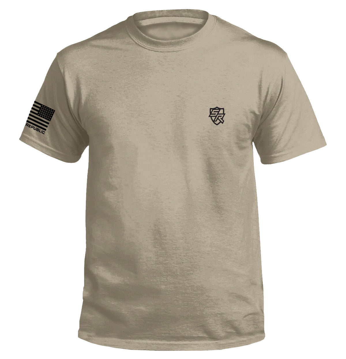 Tan short-sleeve T-shirt, front small chest logo, side sleeve logo patch