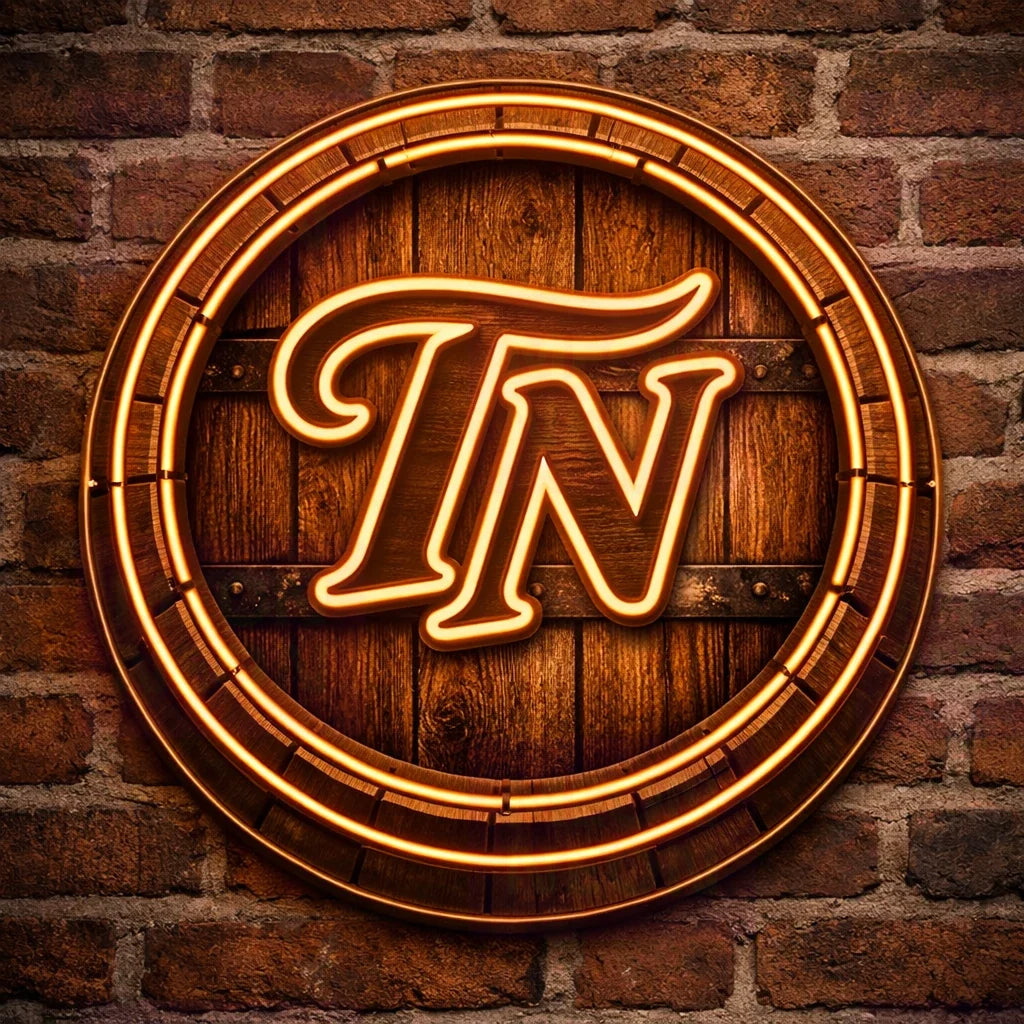 Round LED neon sign with warm orange TN letters on wood barrel-style panel