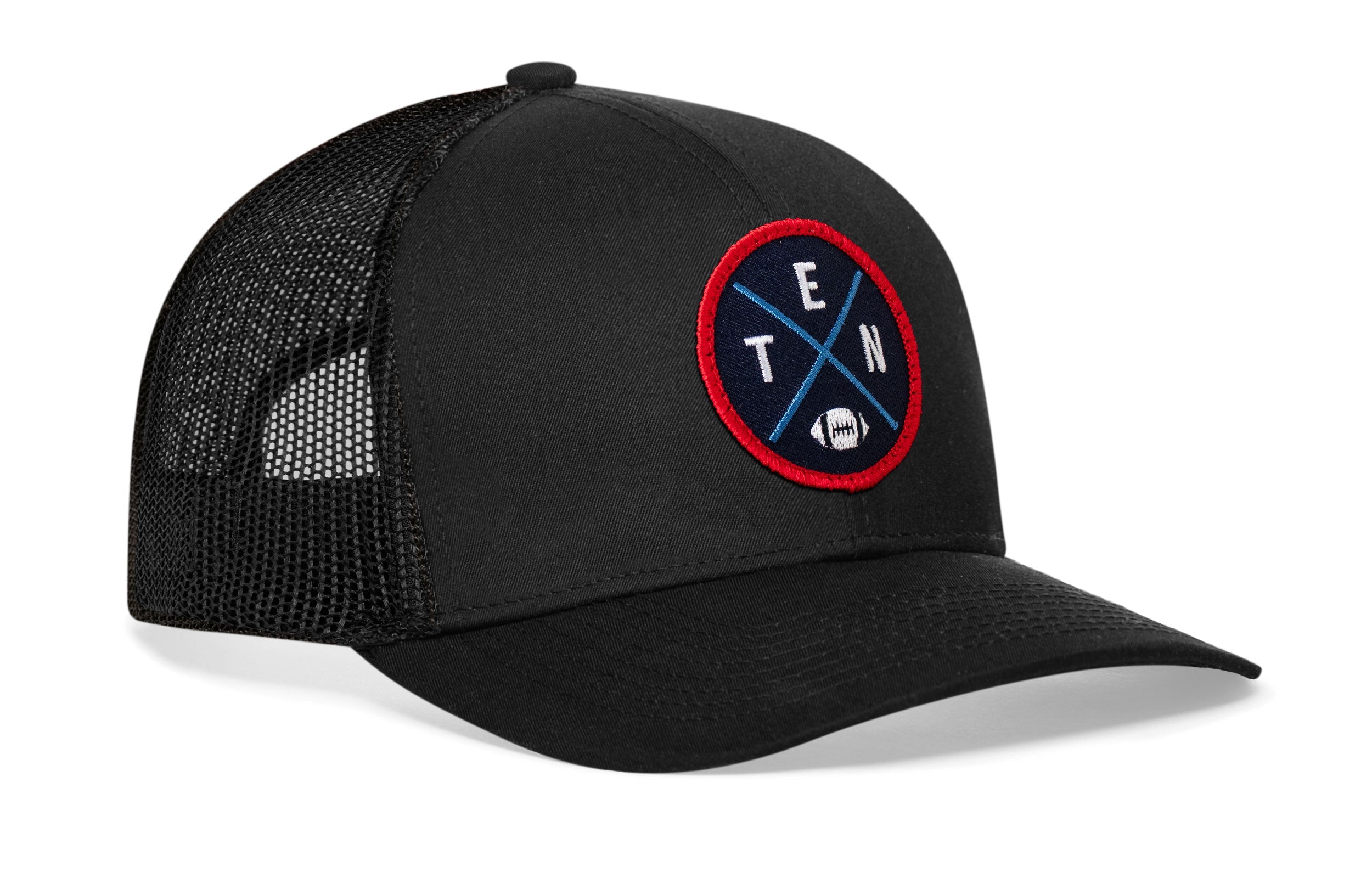 Black trucker cap with mesh side panels, round logo patch, and small H emblem