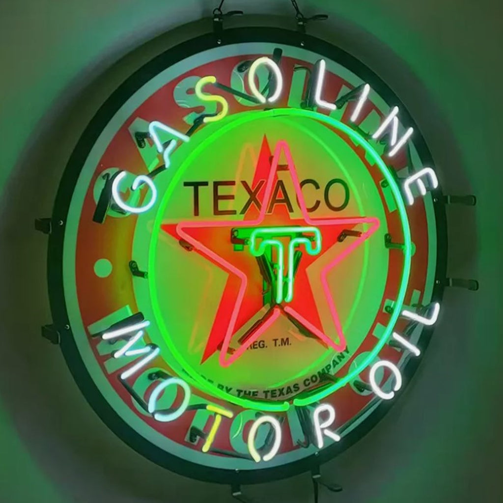 Gasoline oil neon sign with Texaco star, green halo, and outer ring lettering