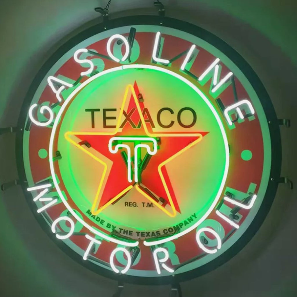 Gasoline oil neon sign with Texaco star center and green neon outer ring