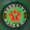Texaco gasoline oil neon sign with circular ring, green glow, and red star logo
