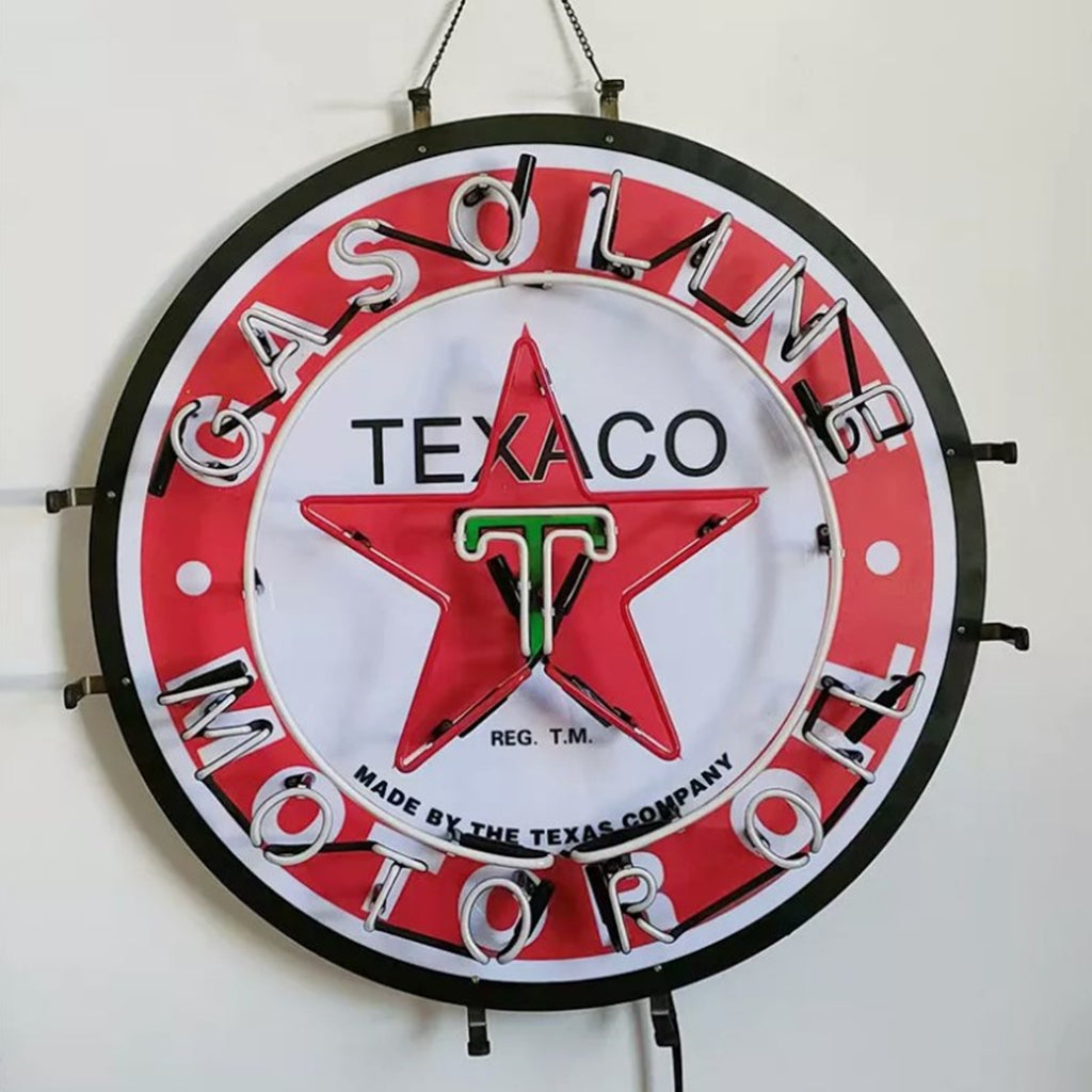 Gasoline oil neon sign with red circular face, Texaco star, and hanging hooks