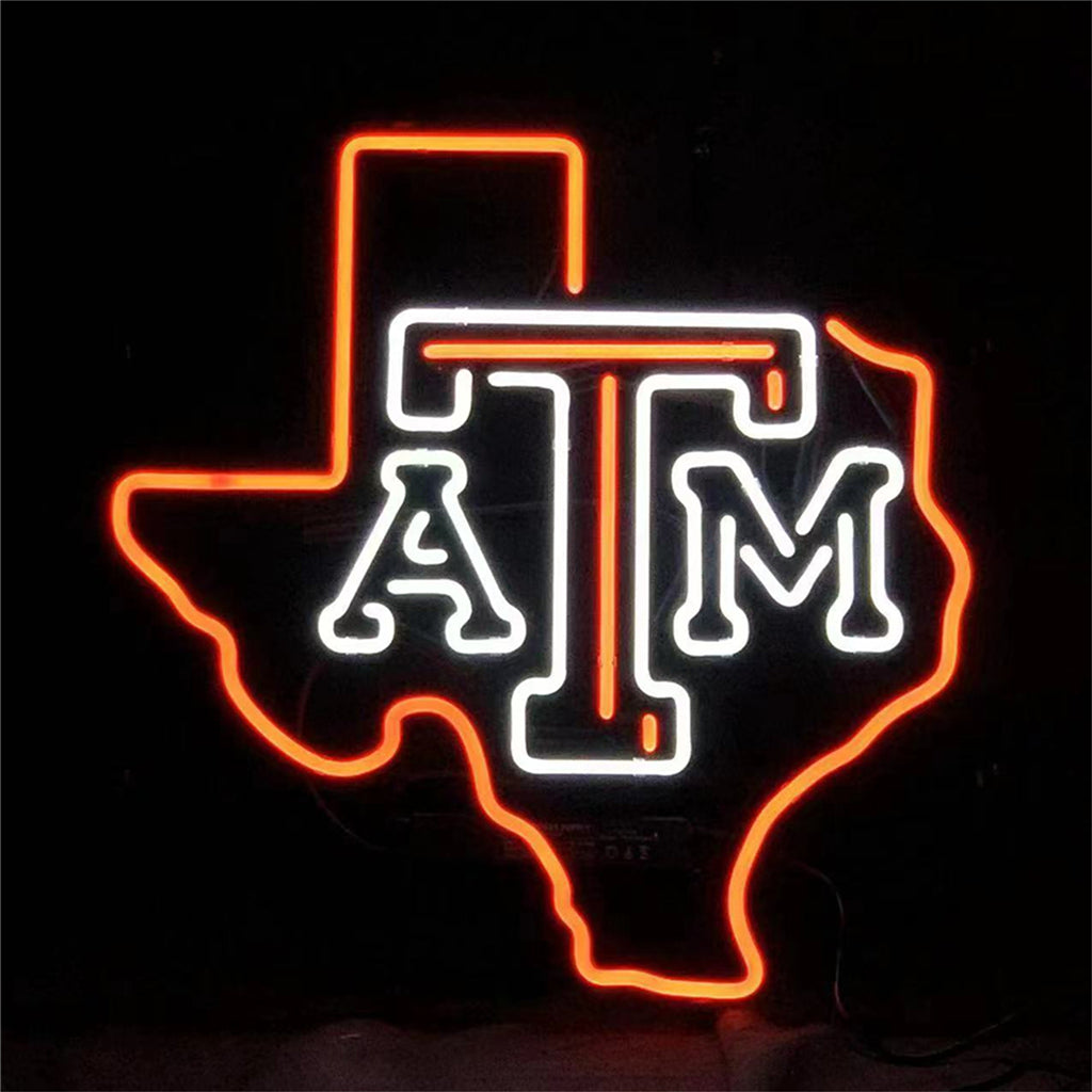 Neon Texas map outline with ATM symbol, glowing orange and white light