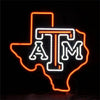 Neon Texas map outline with ATM symbol, glowing orange and white light