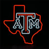 Neon Texas map outline with ATM symbol, glowing red and white light