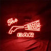 Red neon light sign with gun outline and 'The' above 'BANG BANG BAR'