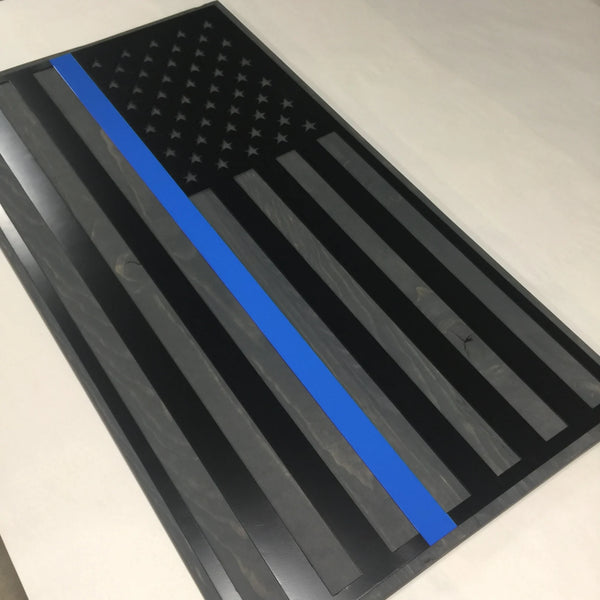 Metal American Flag on Gray Wood - Thin Blue Line