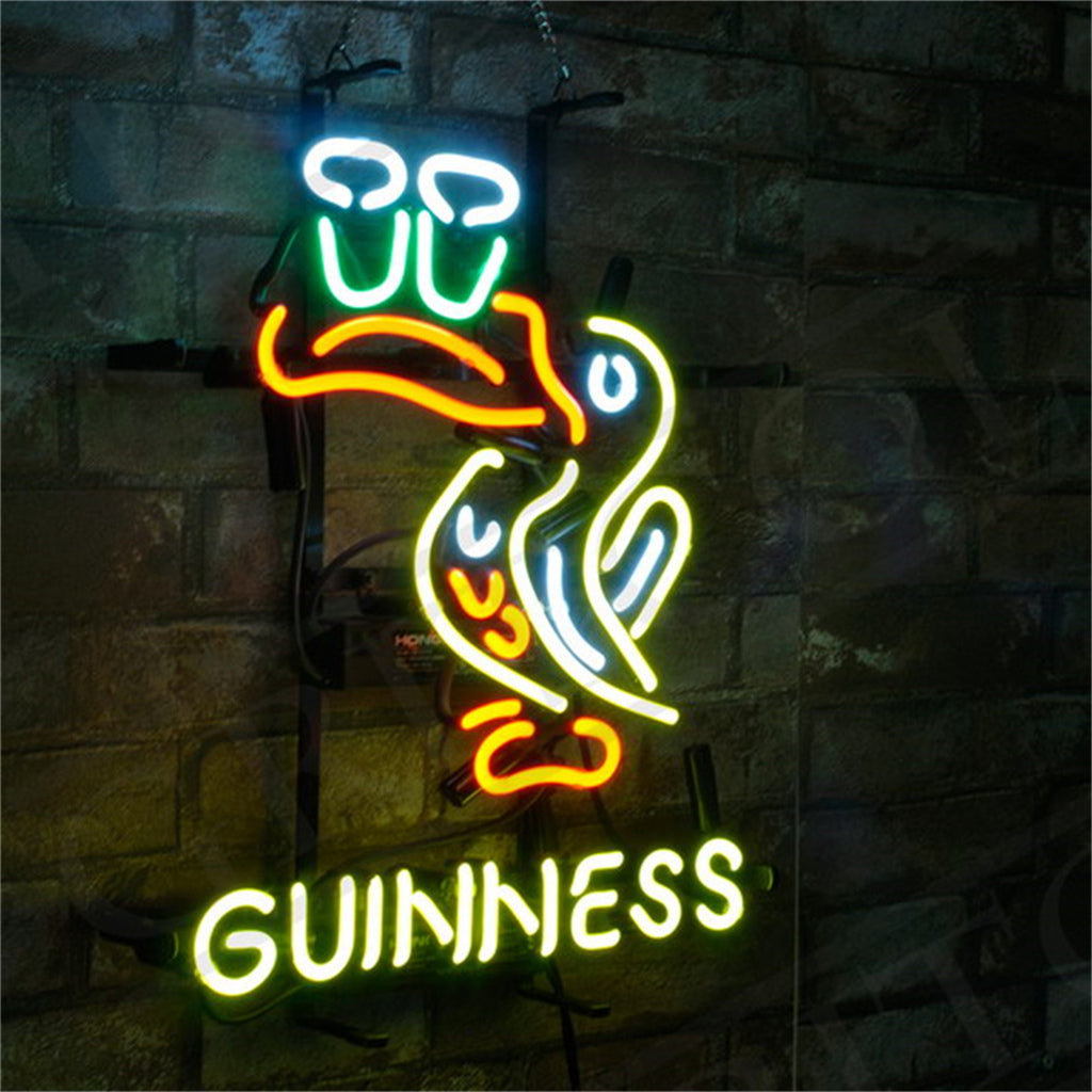 Neon Toucan bird and GUINNESS wall sign with bright green, yellow, red lights