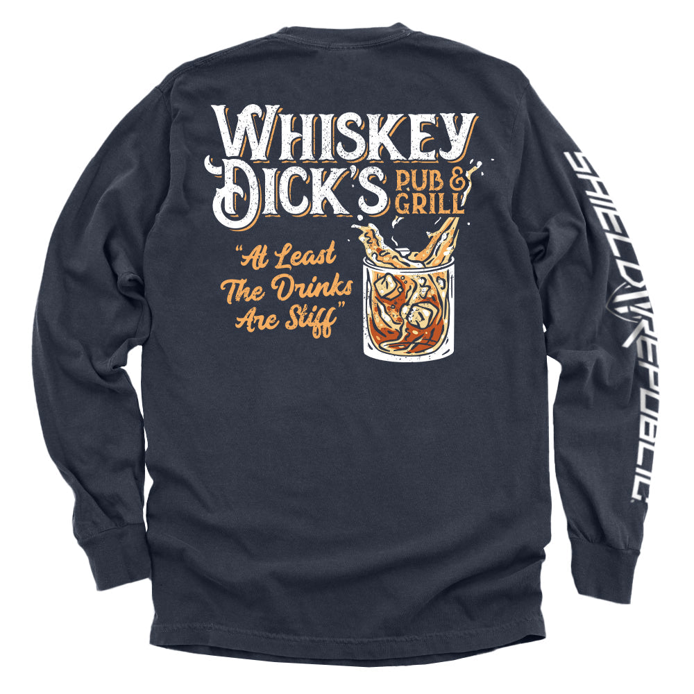 Navy long sleeve shirt with back Whiskey Dick's Pub & Grill graphic print and sleeve text
