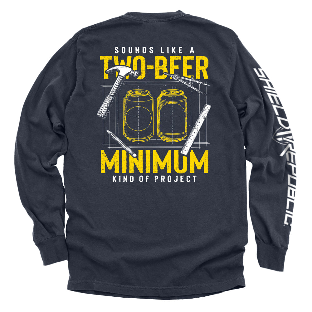 Navy long-sleeve shirt, back print of two beer cans with 