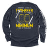 Navy long-sleeve shirt, back print of two beer cans with "MINIMUM" text; diagonal sleeve print