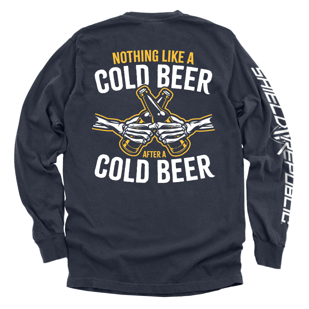 Navy long-sleeve shirt, back text 'NOTHING LIKE A COLD BEER' with beer-bottle graphic