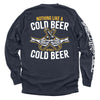Navy long-sleeve shirt, back text 'NOTHING LIKE A COLD BEER' with beer-bottle graphic
