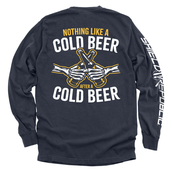 Navy long-sleeve shirt, back text 'NOTHING LIKE A COLD BEER' with beer-bottle graphic