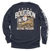 Navy long-sleeve shirt with back graphic: bourbon bottle, DRINK/BOURBON text, DEFEND FREEDOM