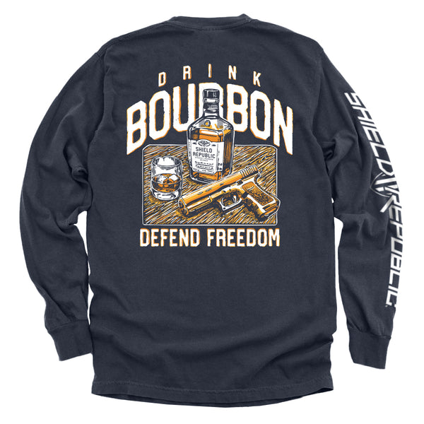 Navy long-sleeve shirt with back graphic: bourbon bottle, DRINK/BOURBON text, DEFEND FREEDOM