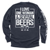 Dark navy long-sleeve shirt with 'I LOVE ONE WOMAN & SEVERAL BEERS' back graphic and beer mugs