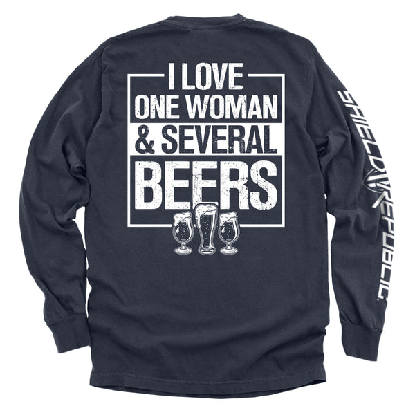 Dark navy long-sleeve shirt with 'I LOVE ONE WOMAN & SEVERAL BEERS' back graphic and beer mugs