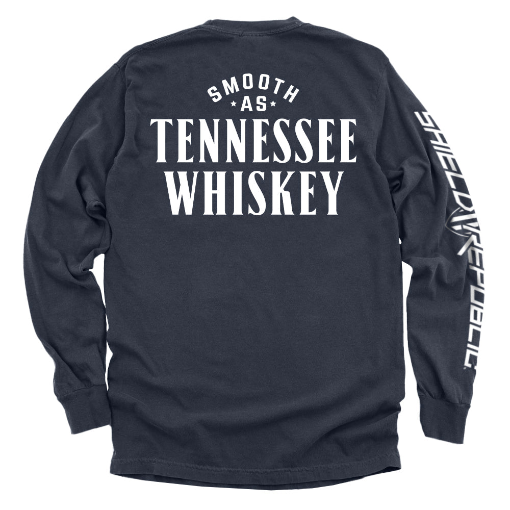 Navy long-sleeve shirt with Tennessee Whiskey graphic on the back