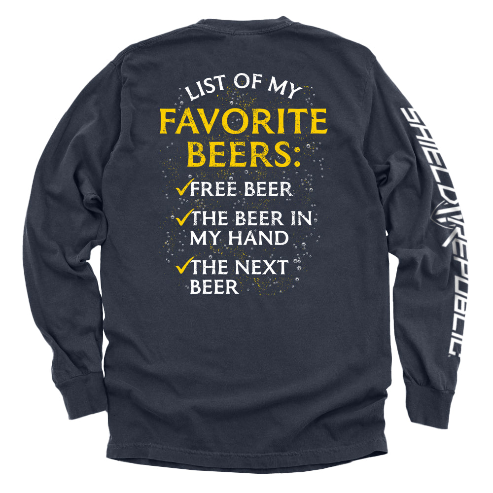 Navy graphic long-sleeve shirt, back print: “List of My Favorite Beers”