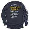 Navy graphic long-sleeve shirt, back print: “List of My Favorite Beers”